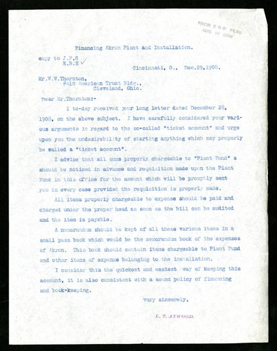 Letter from L. T. Atwood to W. W. Thornton, 1908-12-29