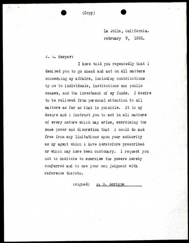 Ellen Browning Scripps' Note to J.C. Harper, 9 February, 1932