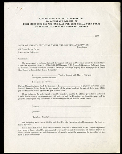 Blank Copy of Bondholders' Letter of Transmittal to Accompany Deposit of Industrial Exchange Building Company Bonds