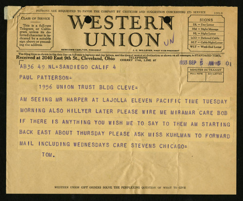 Thomas L. Sidlo's Telegram to Paul Patterson