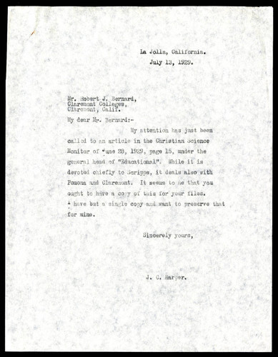 J. C. Harper letter to Robert J. Bernard, 1929 July 13