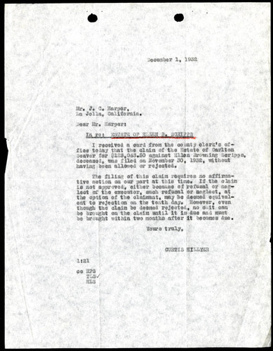 Curtis Hillyer's Letter to J.C. Harper, 1 December, 1932