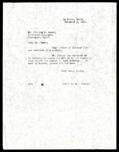 J. C. Harper's secretary letter to William S. Ament, 1936 November 3