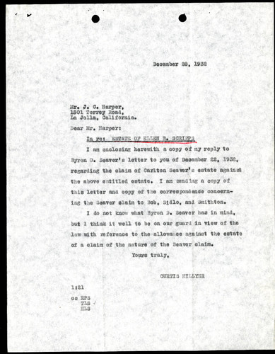 Curtis Hillyer's Letter to J.C. Harper, 28 December, 1932
