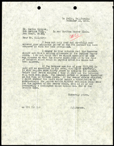 J.C. Harper's Letter to Curtis Hillyer, 12 December, 1932