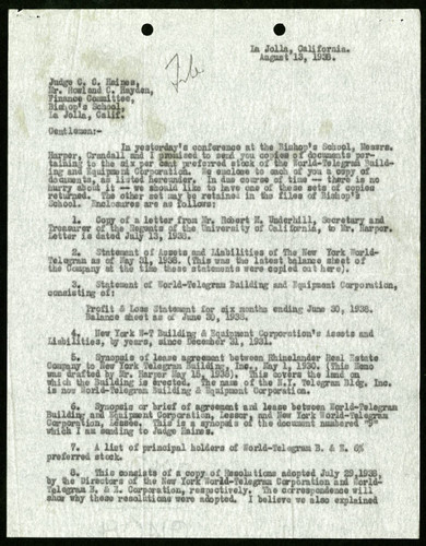 Harry L. Smithton's Letter to Judge Charles C. Haines, Mr. Howland C. Hayden, and the Finance Commitee