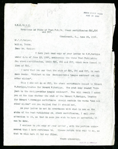 Letter from C. J. Stein to J. C. Harper, 1908-06-20