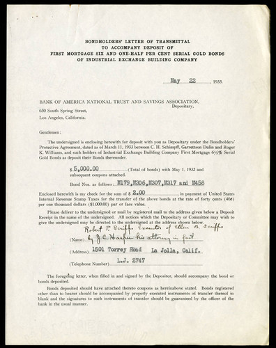 Bondholders' Letter of Transmittal to Accompany Deposit of Industrial Exchange Company Gold Bonds (Ellen B. Scripps Estate Copy)