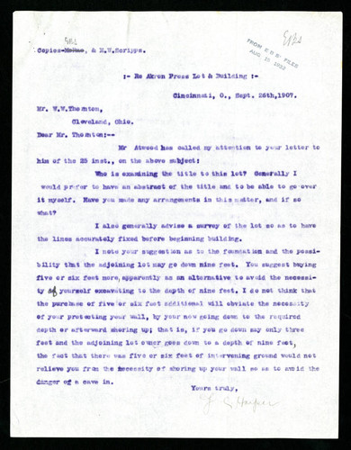Letter from J. C. Harper to W. W. Thornton, 1907-09-26