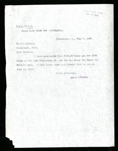Letter from C. J. Stein to A. M. Hopkins, 1908-07-09