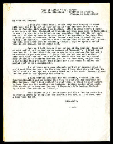 James A. Blaisdell copy of letter to J. C. Harper, [1926 March]