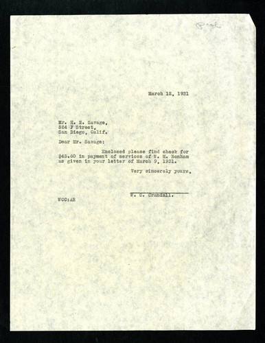 W.C. Crandall letter to H.N. Savage, 1931-03-12