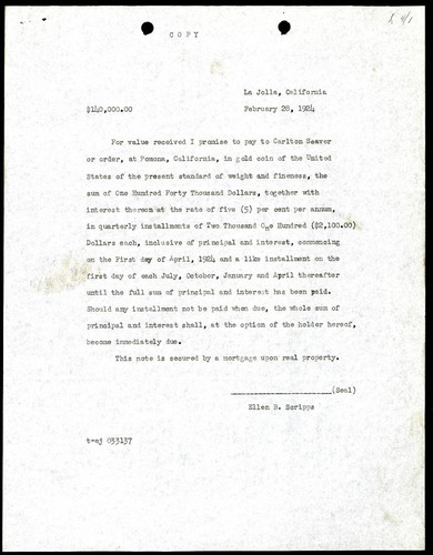 Copy of a Statement by Ellen B. Scripps Regarding the Carlton Seaver Note