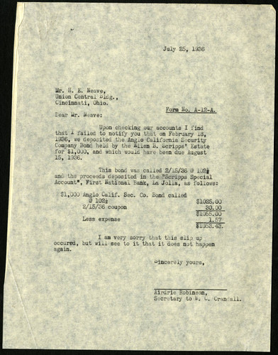 Airdrie Robinson's Letter to H.E. Neave, 25 July, 1936