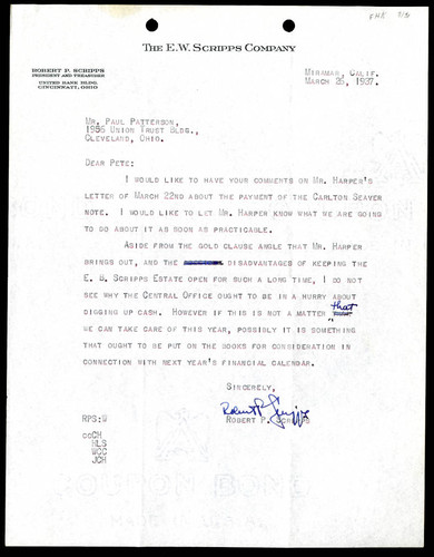 Robert P. Scripps' Letter to Paul Patterson, 26 March, 1937