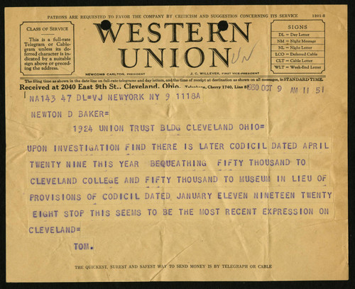 Thomas L. Sidlo's Telegram to Newton D. Baker