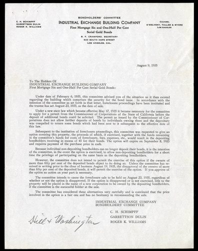 Industrial Exchange Building Company's Letter to their Stockholders, 9 August, 1935