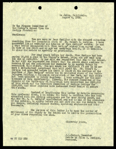 Jacob C. Harper's Letter to the Finance Committee