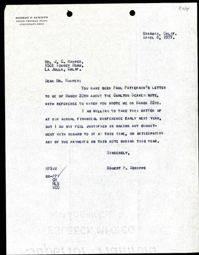 Robert P. Scripps' Letter to J.C. Harper, 8 April, 1937