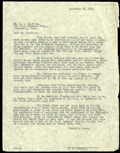 Letter from W.C. Crandall to H.L. Smithton, 28 September, 1933