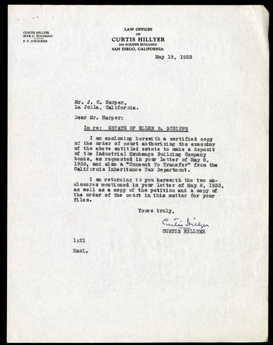 Curtis Hillyer's Letter to J.C. Harper, 19 May, 1933