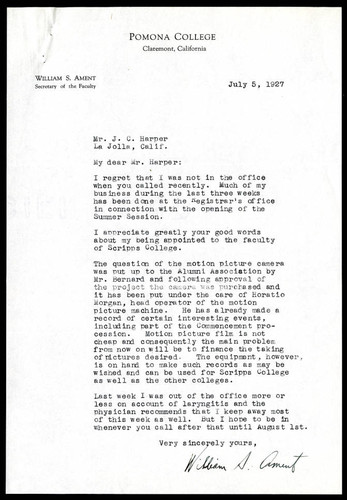 William S. Ament letter to J. C. Harper, 1927 June 5
