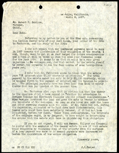 J.C. Harper's Letter to Robert P. Scripps, 9 April, 1937