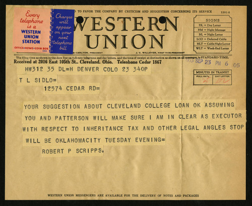 Robert P. Scripps's Telegram to Thomas L. Sidlo