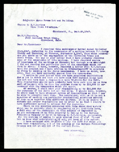 Letter from L. T. Atwood to W. W. Thornton, 1907-09-24