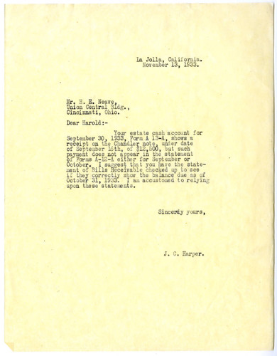 J.C. Harper's Letter to H.E. Neave, 1933 November 13