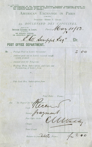 Receipt, American Exchange in Paris, post office department