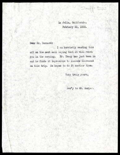 J. C. Harper's secretary letter to Robert J. Bernard, 1929 February 28