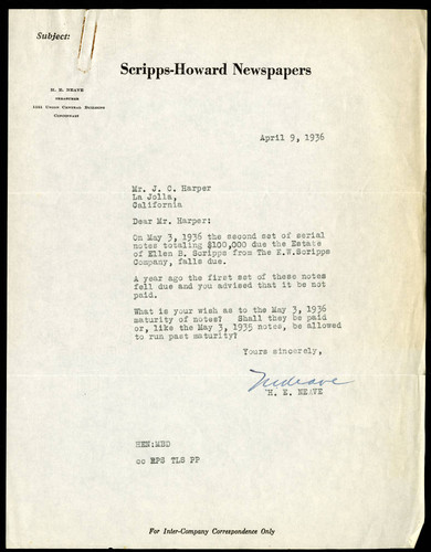 H.E. Neave's Letter to J.C. Harper, 9 April, 1936