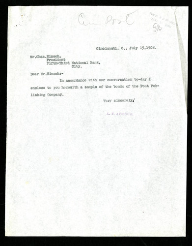 Letter from L. T. Atwood to Chase Hinsch, 1908-07-15