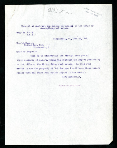 Letter from James G. Scripps to J. C. Harper, 1908-02-26