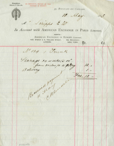 Receipt, American Exchange in Paris