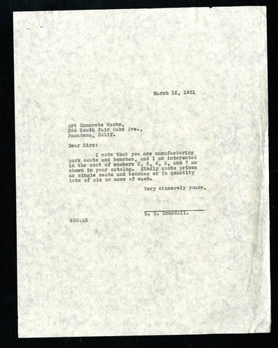 W.C. Crandall letter to Art Concrete Works, 1931-03-12