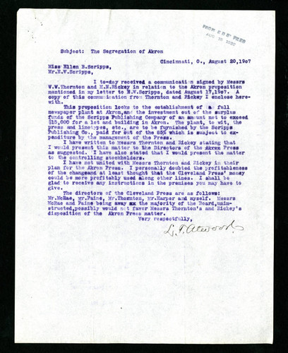 Ellen B. Scripps and E. W. Scripps Letter to L. T. Atwood, 1907-08-20