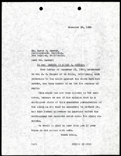 Curtis Hillyer's Letter to Byron D. Seaver, 28 December, 1932