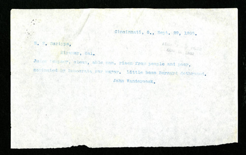 Letter from John Vandercook to E. W. Scripps, 1905-09-29