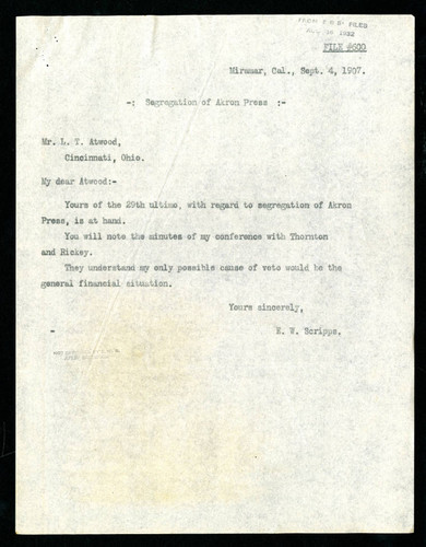 Letter from E. W. Scripps to L. T. Atwood, 1907-09-04