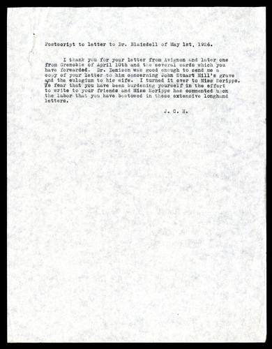 Postscript to letter to Dr. Blaisdell of May 1st, 1926