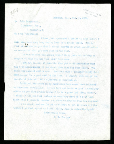 Letter from E. W. Scripps to John Vandercook, 1905-11-08