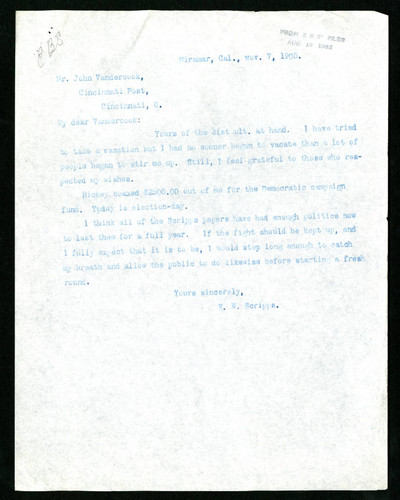 Letter from E. W. Scripps to John Vandercook, 1905-11-07