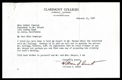 William S. Ament letter to Isabel Pomeroy, 1937 January 11