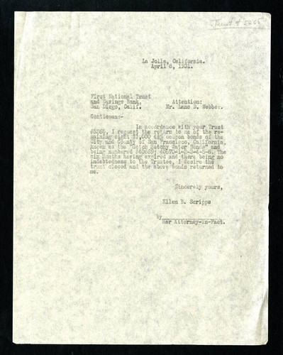 Ellen Browning Scripps letter to Lane D. Webber, 1931-04-08