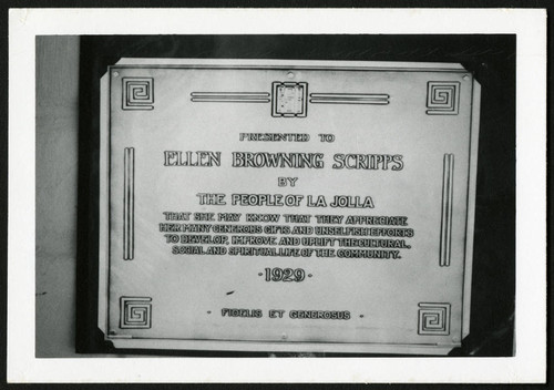 Award to Ellen Browning Scripps from the people of La Jolla, 1929