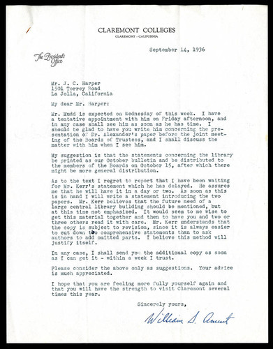 William S. Ament letter to J. C. Harper, 1936 September 14