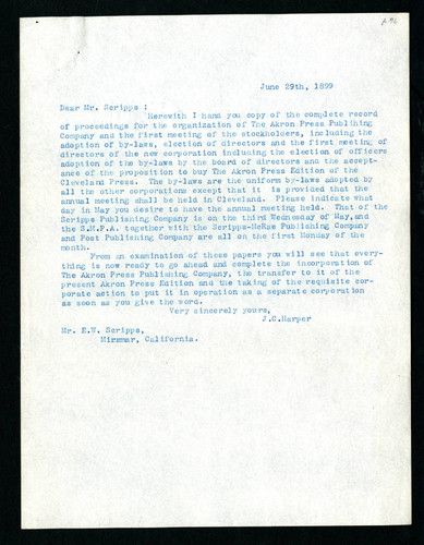 J.C. Harper Letter to E.W. Scripps, 1899-06-29