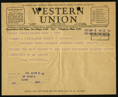 Paul Patterson's Telegram to Thomas L. Sidlo